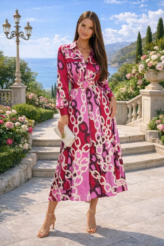 Zara élénk rózsaszín/piros lánc mintás szatén hosszú ingruha övvel