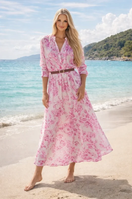Zara rózsaszín/fehér virágmintás hosszú csinos ruha, fodros derék résszel és övvel