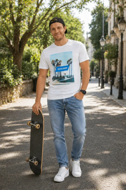 Jack & Jones fehér póló gördeszkás mintával
